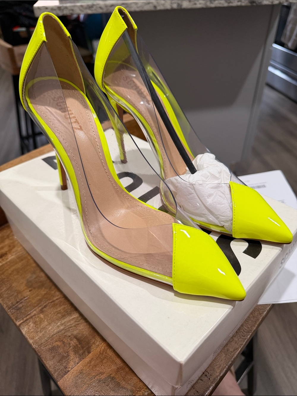 SCHUTZ Neon Yellow Pointed-Toe Clear Panel Stiletto Pumps